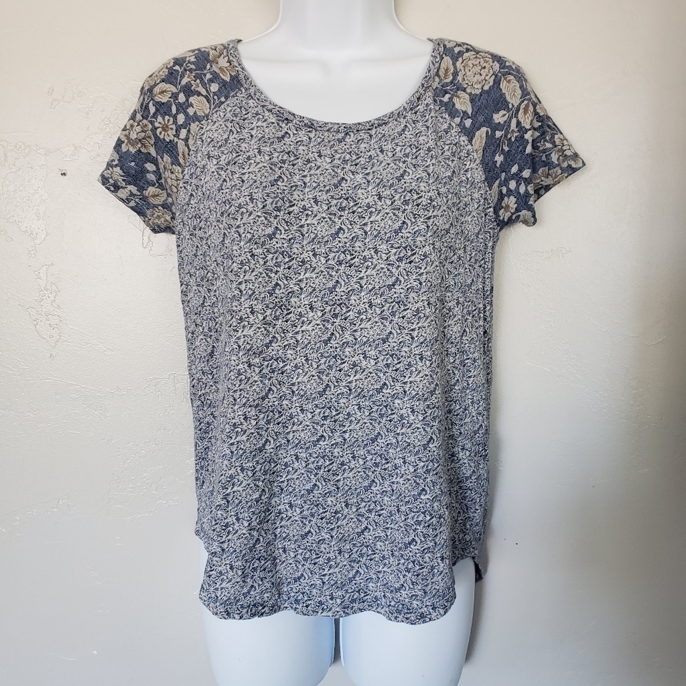 Lucky Brand XS Short Sleeve Blouse Top Blue Mixed Pattern Zipper Back Boho Shirt